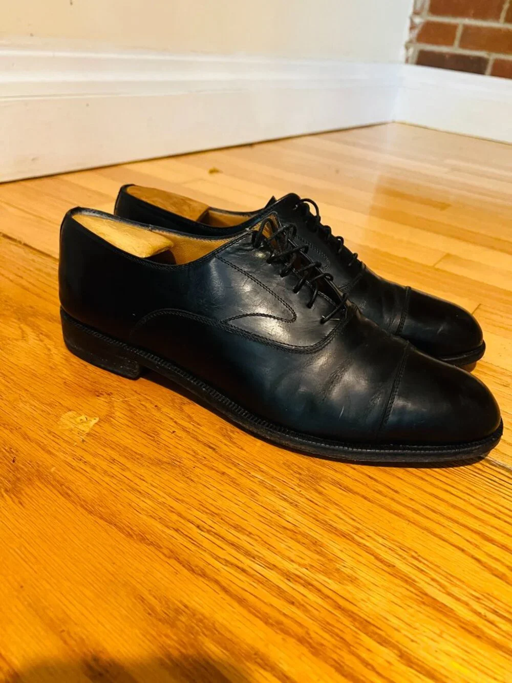 Salvatore Ferragamo Black Leather Cap Toe Oxford Dress Shoes US 10 Made in Italy